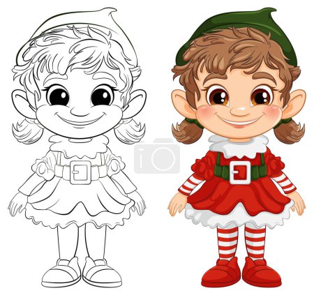 Téléchargez les photos : Versions colorées et esquissées d'une fille elfe heureuse. - en image libre de droit