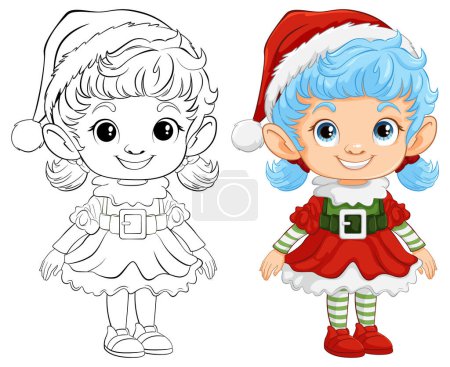 Black and white and colored Christmas elf drawings.