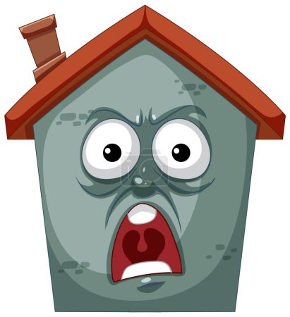 An animated haunted house with a frightened expression.