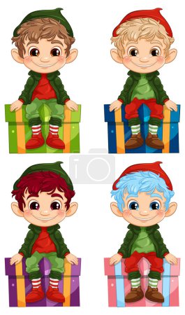 Illustration for Four cheerful elves perched atop vibrant presents. - Royalty Free Image