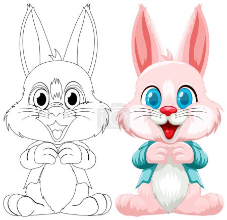 Téléchargez les illustrations : Deux lapins stylisés, un esquissé, un coloré. - en licence libre de droit
