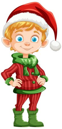 Lächelnde Elfe mit roter Weihnachtsmütze und grünem Outfit.
