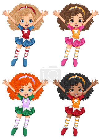 Ilustración de Cuatro diversas chicas superhéroes con trajes coloridos. - Imagen libre de derechos