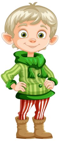 Smiling elf character dressed in holiday-themed clothes.