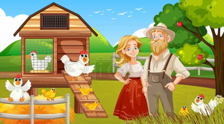 Illustration von Bauern und Hühnern in einer ländlichen Umgebung
