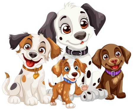 Illustration for Four cute puppies smiling together happily - Royalty Free Image