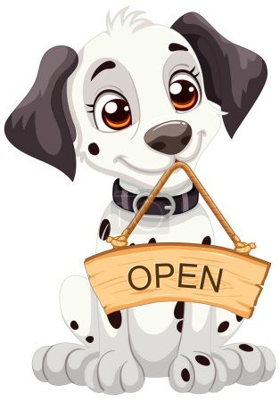 Téléchargez les illustrations : Mignon chien dessin animé tenant un panneau ouvert en bois - en licence libre de droit