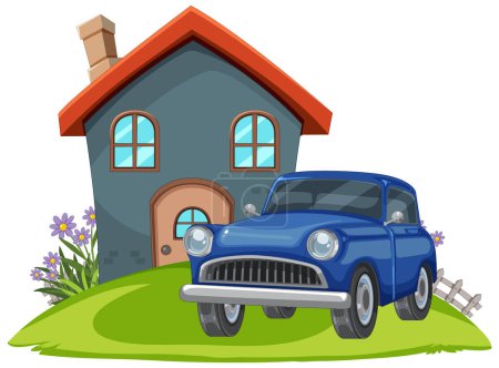 Téléchargez les illustrations : Illustration vectorielle d'une maison et d'une voiture ancienne - en licence libre de droit