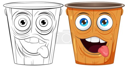 Téléchargez les illustrations : Deux tasses en papier dessin animé avec des expressions faciales animées - en licence libre de droit