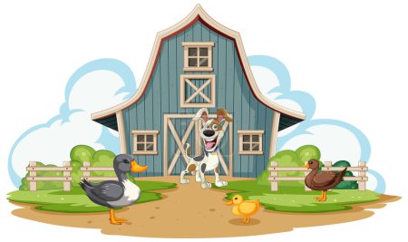 Illustration for Cartoon animals in front of a farmhouse scene. - Royalty Free Image