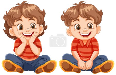 Illustration for Two illustrations of a joyful cartoon boy sitting. - Royalty Free Image