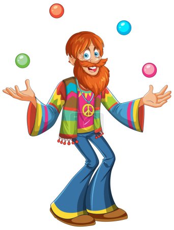 Illustration for Cartoon hippie juggling balls with a cheerful expression. - Royalty Free Image