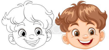 Ilustración de Dos caras de niño de dibujos animados, una delineada, una de color - Imagen libre de derechos