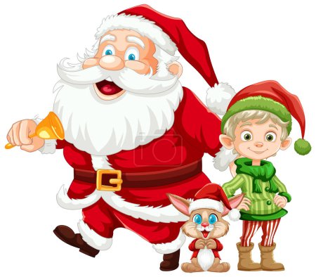 Jolly Santa sonando campana con elfo y renos.