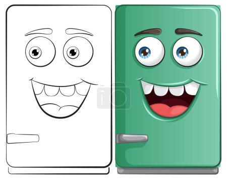 Téléchargez les illustrations : Deux réfrigérateurs souriants animés aux visages expressifs - en licence libre de droit