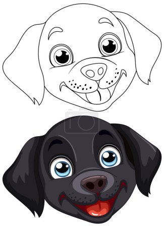 Téléchargez les illustrations : Deux chiens de dessin animé, un de couleur et un de contour. - en licence libre de droit