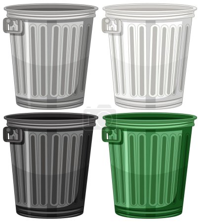 Vier Vektor-Mülleimer in verschiedenen Farben.