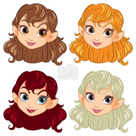 Ilustración de Cuatro chicas elfos alegres con diferentes colores de cabello. - Imagen libre de derechos