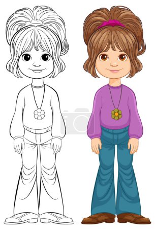 "Vector illustration of character before and after coloring"