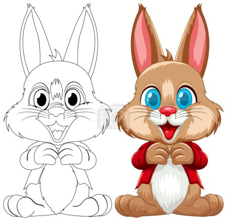 Téléchargez les illustrations : Deux lapins, un esquissé et un coloré, souriant. - en licence libre de droit