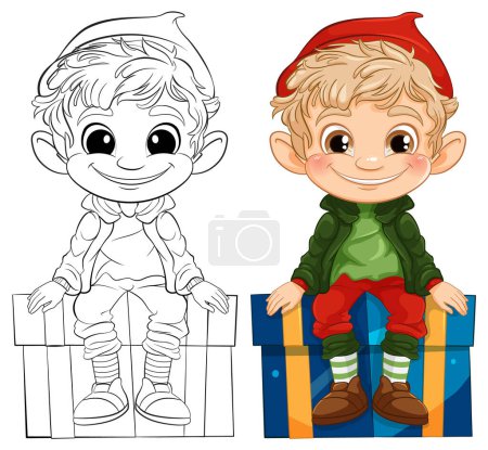 Ilustraciones de arte colorido y lineal de un elfo feliz.