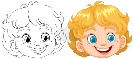 Téléchargez les illustrations : Ligne d'art et version colorée du visage d'un enfant heureux - en licence libre de droit