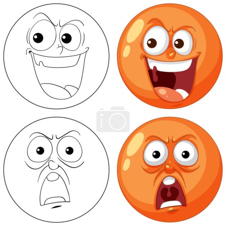 Ilustración de Cuatro caras de dibujos animados que muestran diferentes emociones. - Imagen libre de derechos
