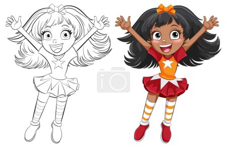 Téléchargez les illustrations : Illustrations colorées et en noir et blanc d'une fille heureuse - en licence libre de droit