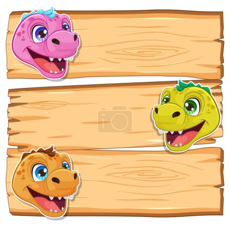 Illustration for Three cartoon dinosaurs peeking from wooden signboard - Royalty Free Image
