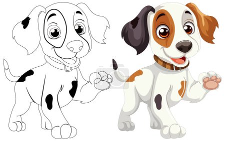 Téléchargez les illustrations : Deux chiens de dessin animé souriant, un coloré et un contour. - en licence libre de droit