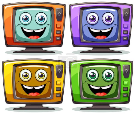 Téléchargez les illustrations : Quatre téléviseurs animés avec des expressions gaies. - en licence libre de droit