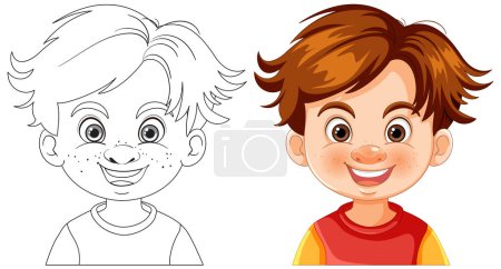 Black and white and colored boy illustrations side by side.