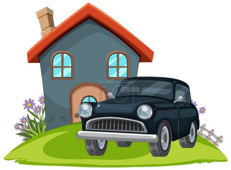 Téléchargez les illustrations : Illustration vectorielle d'une maison et d'une voiture ancienne - en licence libre de droit