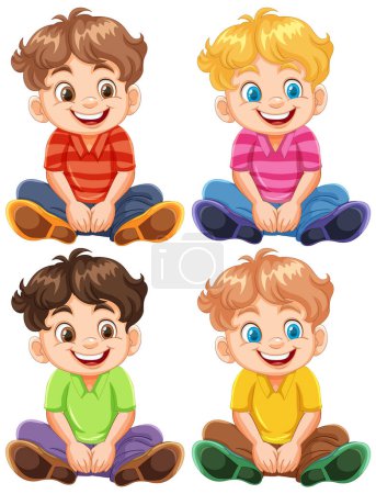 Téléchargez les illustrations : Quatre garçons heureux dessin animé assis et souriant. - en licence libre de droit