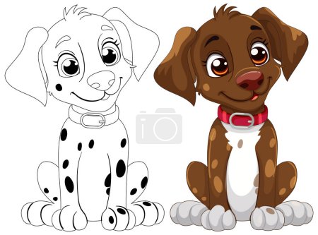 Illustration for Vector illustration of two cartoon puppies, one colored. - Royalty Free Image