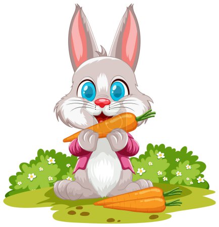 Ilustración de Adorable conejo comiendo una zanahoria en un campo de flores - Imagen libre de derechos