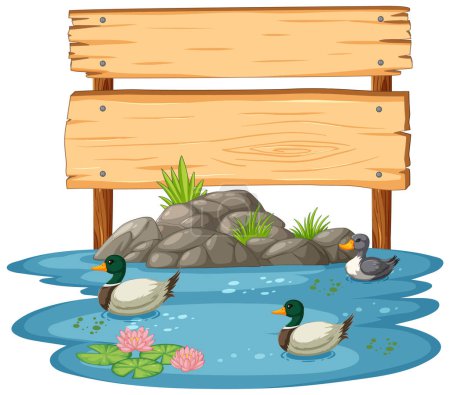Téléchargez les illustrations : Illustration vectorielle de canards dans un étang avec signe - en licence libre de droit