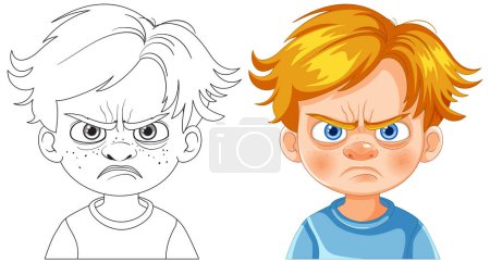 Téléchargez les illustrations : Deux garçons de dessin animé avec des expressions faciales en colère. - en licence libre de droit