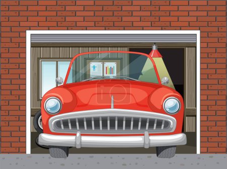 Téléchargez les illustrations : Voiture rouge vintage à l'intérieur d'un garage à murs de briques - en licence libre de droit