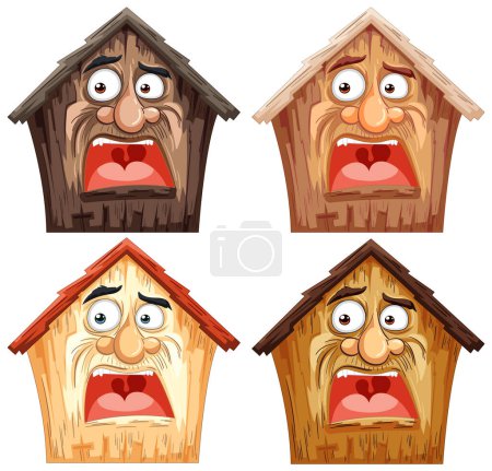 Illustration for Four wooden houses with various facial expressions. - Royalty Free Image