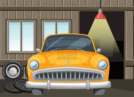 Téléchargez les illustrations : Voiture orange classique garée dans un garage en bois - en licence libre de droit