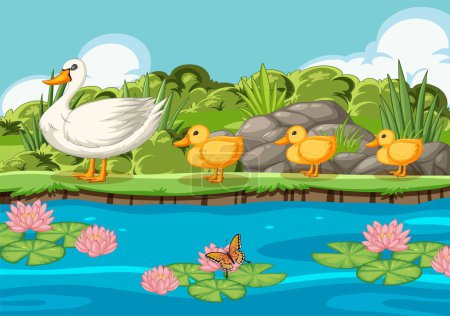 Illustration for Mother duck with ducklings by a pond with lily pads - Royalty Free Image