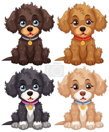 Illustration for Four cute animated puppies with colorful collars - Royalty Free Image
