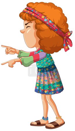 Ilustración de Chica de dibujos animados con el pelo rizado apuntando a su izquierda. - Imagen libre de derechos