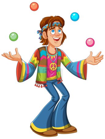 Téléchargez les illustrations : Bandes dessinées hippie jongler avec des balles avec une expression joyeuse. - en licence libre de droit