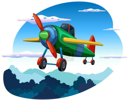 Illustration for Colorful old-fashioned airplane flying in the sky - Royalty Free Image