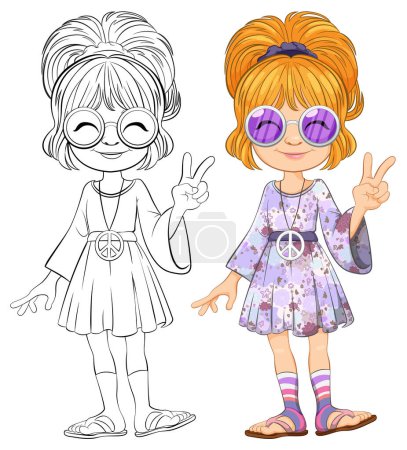Cartoon girl in hippie attire showing peace sign.