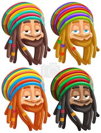 Four vector illustrations of Rastafarian characters smiling.