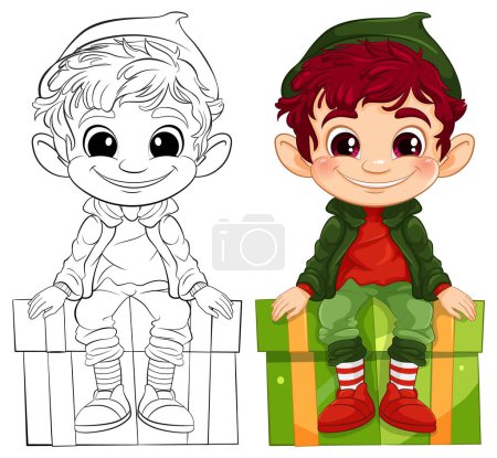 Colorful and outlined versions of a happy elf.