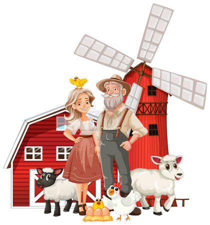 Illustration d'agriculteurs avec des animaux par un moulin à vent.